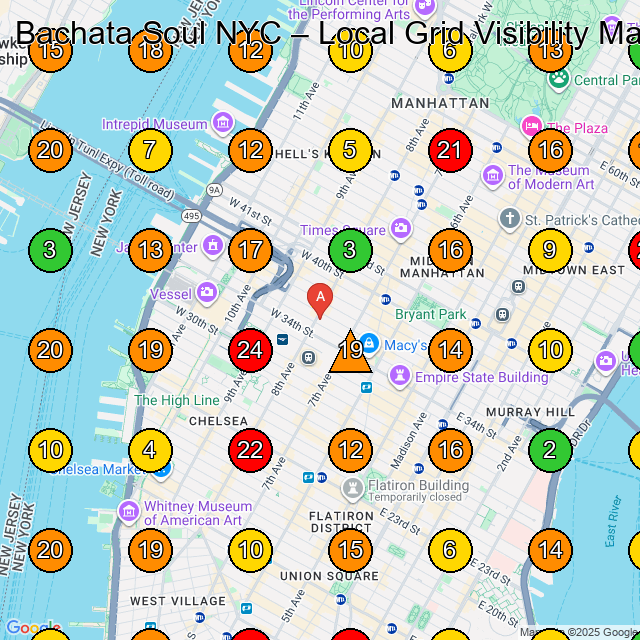 Bachata Soul NYC Dance School GeoGrid ranking map for 500 8th Ave New
